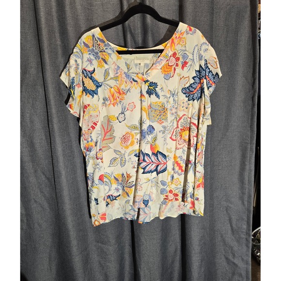 Cynthia Rowley Floral Print Top Short Sleeve‎ V-Neck Blouse Bohemian 2X - Picture 1 of 4
